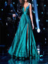 A Line V Neck Teal Satin Prom Dress with Slit LBQ0831