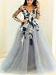 A Line Gray Organza V Neck Long Sleeves Handmade Flowers Prom Dresses 