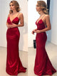 Sexy Sheath Satin Spaghetti Straps Red Floor Length Prom Dresses