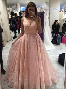 A Line V Neck Pink Lace Tulle Prom Dresses