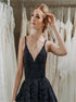 A Line V Neck Black Appliques Tulle Prom Dresses LBQ3157