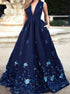 A Line V Neck Satin Print Blue Prom Dress LBQ2806