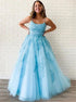 A Line Spaghetti Straps Appliques Tulle Prom Dress LBQ2377