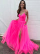 A Line  V Neck Pink Tulle Prom Dresses