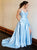 A Line Spaghetti Straps Satin Blue Prom Dresses with Split