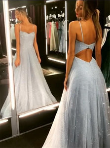 A Line Spaghetti Straps Silver Tulle Prom Dresses