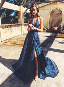 V Neck Navy Blue Lace Prom Dresses with Split 