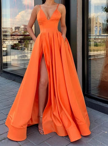 A Line V Neck Satin Orange Prom Dresses with Leg Slit