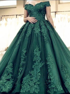 Dark Green Short Sleeves Sweep Train Prom Dresses