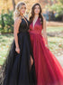 A Line V Neck Burgundy Satin Tulle Prom Dress with Slit LBQ2866