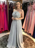 A Line Gray Sleeveless Slit Beaded Spaghetti Straps Chiffon Prom Dress LBQ2222