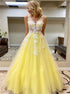 A Line Yellow V Neck Tulle Appliques Prom Dress LBQ2378