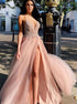 A Line Pink Spaghetti Straps Slit Prom Dresses Appliques LBQ1569