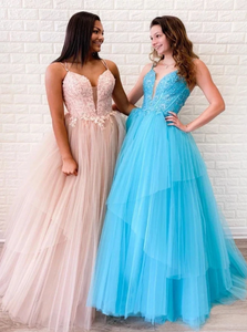 A Line Spaghetti Applique Ruffles Tulle Lace Up Prom Dresses