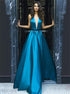 A Line Halter Sleeveless Blue Backless Satin Prom Dress LBQ2808