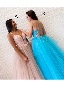 Blue Lace Up Evening Dresses