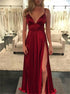 Sexy Burgundy Satin Spaghetti Straps Prom Dress With Slit LBQ0605