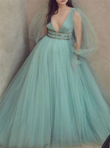 A Line Green V Neck Tulle Long Sleeves Prom Dresses 