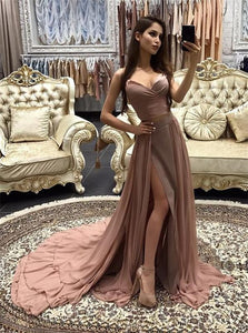 A Line Spaghetti Straps Chiffon Pink Prom Dresses