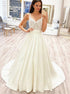 V Neck White Lace Satin Prom Dresses with Train LBQ2192