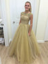 A Line Scoop Yellow Beadings Tulle Prom Dress LBQ2934