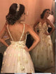 Golden  Spaghetti Straps V Neck Tulle Prom Dresses