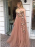 A Line Strapless 3D Embroidered Tulle Sleeveless Prom Dresses LBQ2105