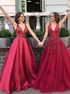 A Line V Neck Long Appliques Beading Tulle Satin Prom Dress LBQ3160