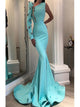 Sweep Train Mermaid Satin Green Prom Dresses 