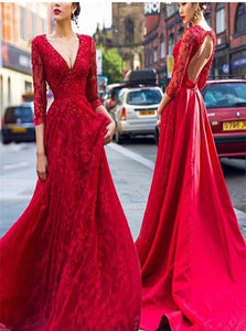 A Line Red V Neck Satin Open Back Appliques Prom Dresses 