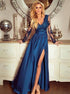 A Line Long Sleeves V Neck Blue Appliques Satin Prom Dresses LBQ2193