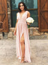 A Line V Neck Pink Chiffon Pleats Prom Dresses with Slit LBQ2194