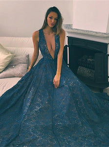 A Line V Neck Lace Sweep Train Prom Dresses