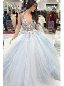 A Line V Neck Floral Appliques Tulle Blue Prom Dresses