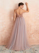 A Line Tulle V Neck Beadings Sweep Train Prom Dresses with Slit 