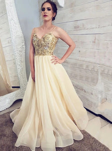 A Line Spaghetti Straps Appliques Sleeveless Yellow Prom Dresses