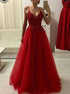 Red Beaded Tulle Spaghetti V Neck Prom Dresses LBQ1619