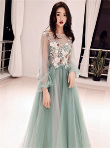 A Line Green Tulle Applique Long Prom Dresses