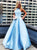 Blue Satin High Neck Pearl A Line Prom Dresses