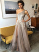 A Line One Shoulder Split Tulle Prom Dresses