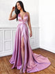 V Neck A Line Backless Prom Dresses with High Slit