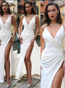 A Line White V Neck Prom Dresses with Slit