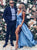 Spaghetti Straps Blue Slit Prom Dresses