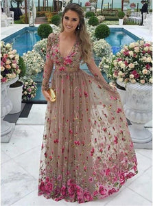 A Line V Neck Tulle Long Sleeves Prom Dresses with Floral Appliques