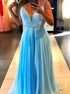 A Line Spaghetti Straps Beaded Chiffon Blue Prom Dress LBQ2221