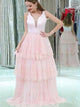 V Neck Lace Pink Sweep Train Prom Dresses With Beadings Tiered