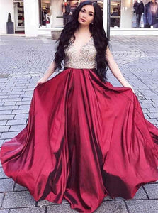 Sexy V Neck Burgundy Beadings Satin Prom Dresses