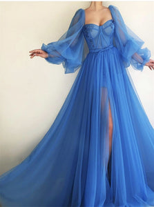 A Line Sweep Train Beadings Tulle Long Sleeves Prom Dresses