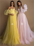 Off the Shoulder Sweetheart Long Yellow Tulle Prom Dresses LBQ1568