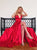 A Line V Neck High Leg Slit Red Prom Dresses 